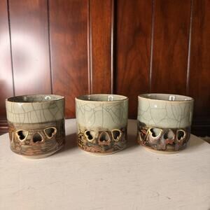 Somayaki Pottery Yunomi Tea Cups Double Heart Wall Golden Horse Set Of 3